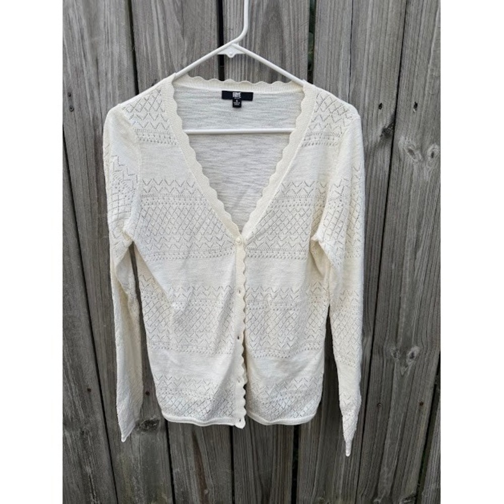 Boho Cottagecore Frye Pointelle Cardigan Small Cream Scalloped V-Neck Sweater